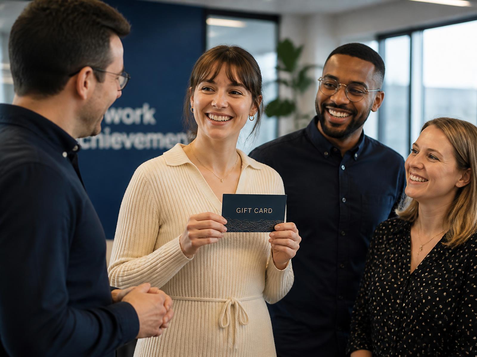 Colleagues celebrating as one receives a reward gift card